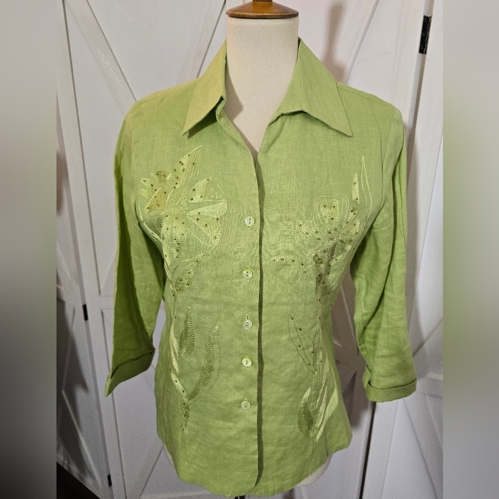 Carole Little Women's Lime Green Embroidered Linen Button-Front Shirt